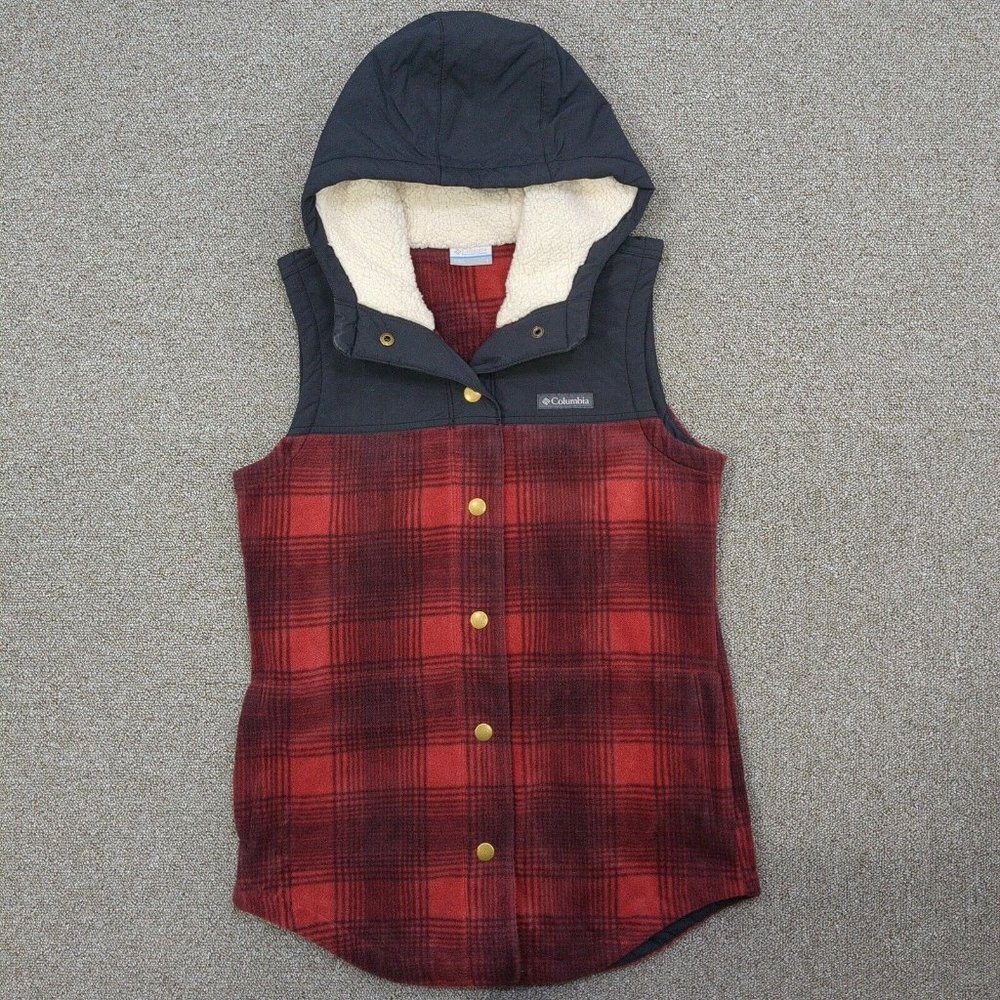 Columbia Vest Womens Small Red Plaid Flannel Sherpa Hood Pockets Fleece Lined